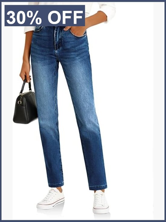 Denim - High Waisted Straight Leg Jeans Stretchy Denim Pants Tapered Petite